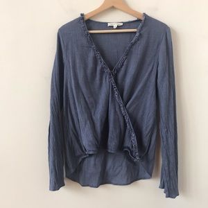 Honey Punch blue fringed cross front top